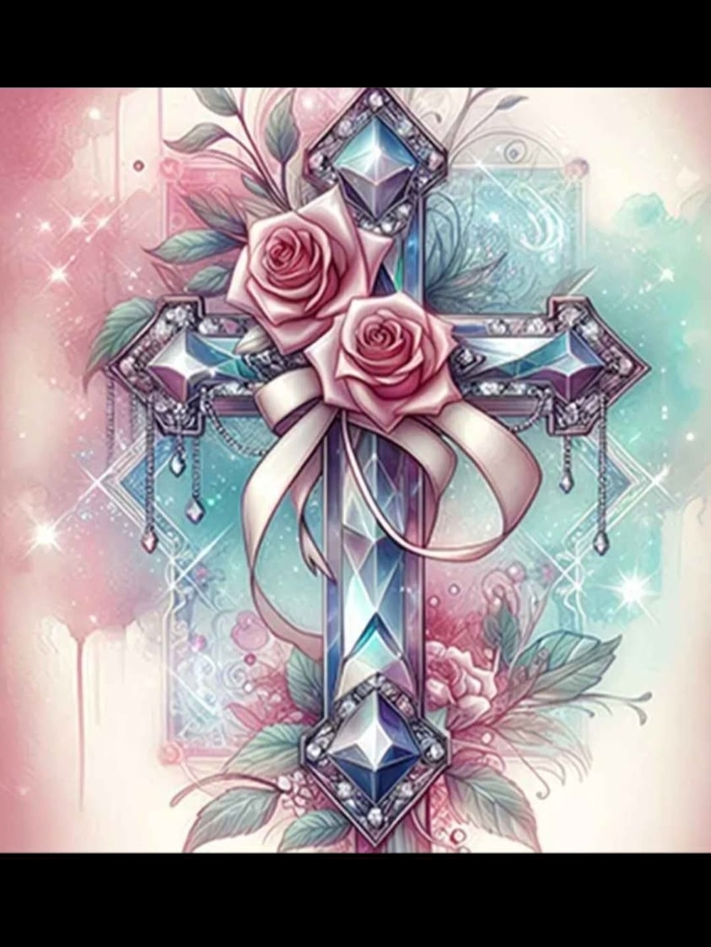 11.8 X 11.8 Beautiful Cross DIY Diamond Art Painting Kit with Pink Roses